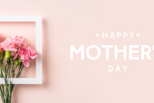 event design concept - top view of a bunch of pink carnation with white photo frame and greeting word on pink background for mothers day event with copy space for mock up