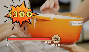 Scene from Extreme Unboxing - an orange Le Creuset dutch oven with "$300" over it in an orange callout box