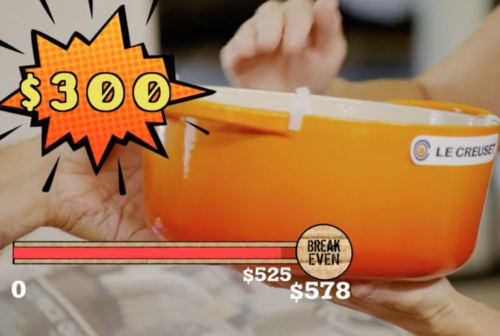 Scene from Extreme Unboxing - an orange Le Creuset dutch oven with "$300" over it in an orange callout box